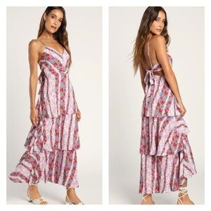 LULUS White Pink Floral Tiered Sleeveless Tie Back Ruffle Maxi Dress XL NWT